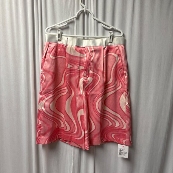 ASOS Design Mens Pink White Marble Print Board Shorts Size W34 Satin Casual - Picture 1 of 7